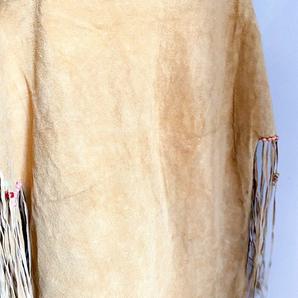 Vintage Handmade Suede Asymmetrical Hem Fringe Bead Detail Boho Simple Dress L - Picture 6 of 8